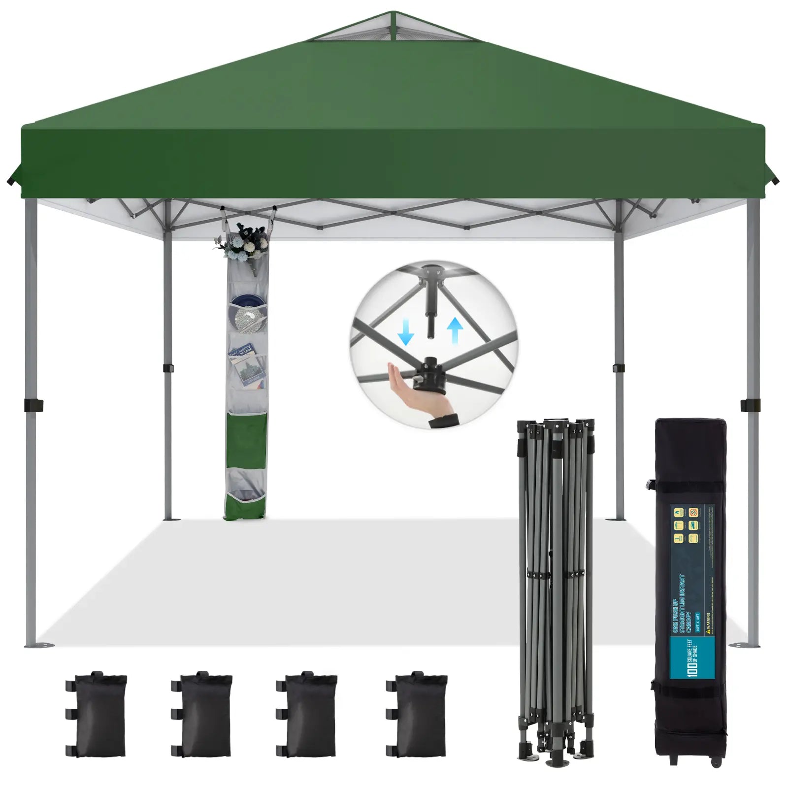 Pop-up canopy featuring a one-touch locking design, includes a wheeled carrying bag.