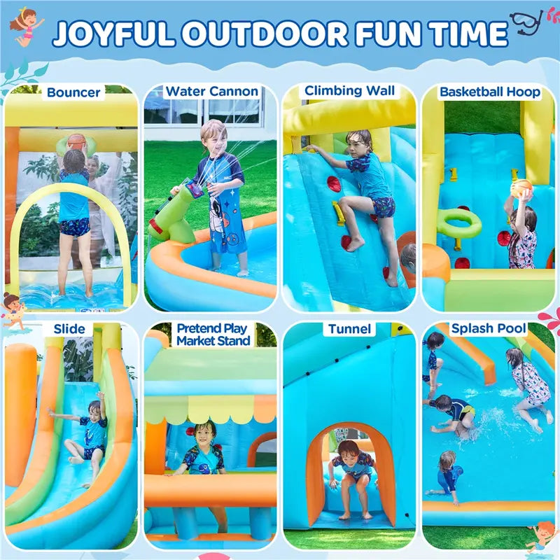AIRLOOM™ 8-in-1 inflatable trampoline with a blower.