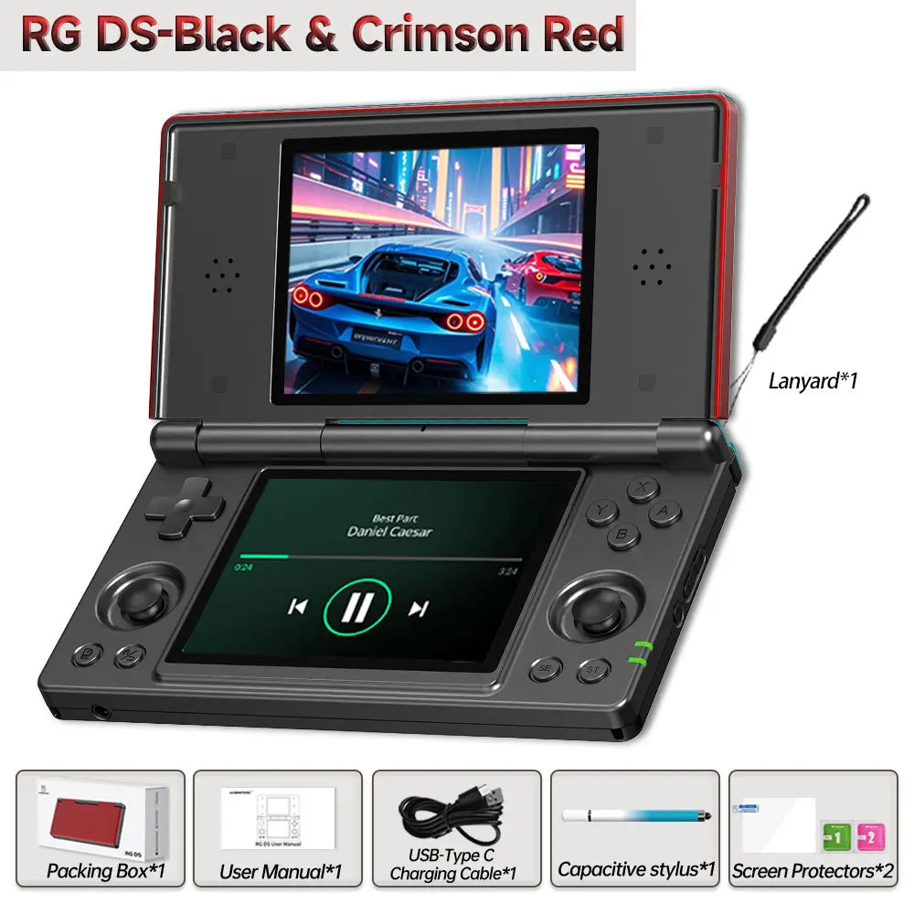 Handheld Gaming Console — 4-inch Dual IPS Displays, Powered by Android OS and a 4000mAh Battery. Retro Clamshell Design.