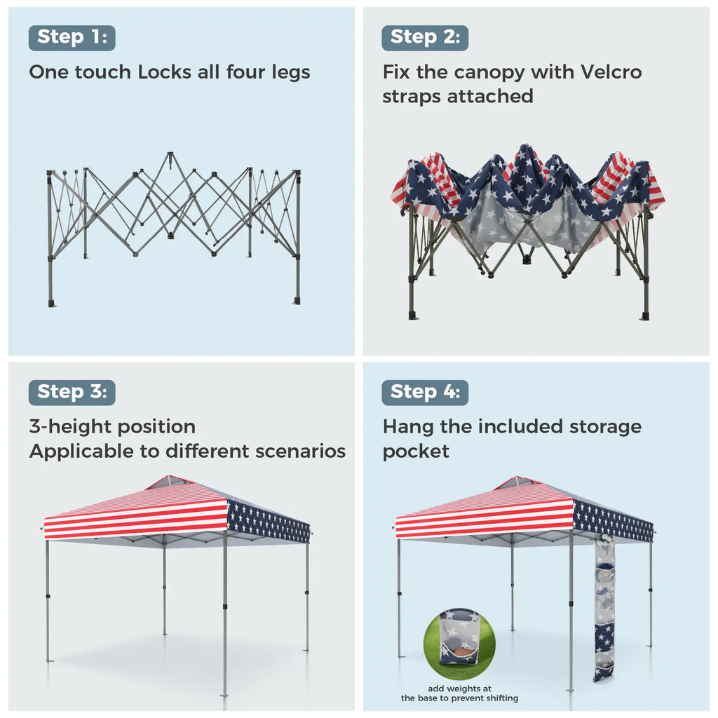 Pop-up canopy featuring a one-touch locking design, includes a wheeled carrying bag.