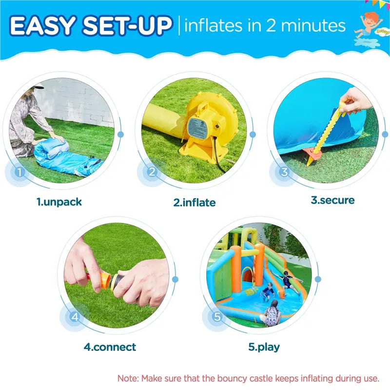 AIRLOOM™ 8-in-1 inflatable trampoline with a blower.