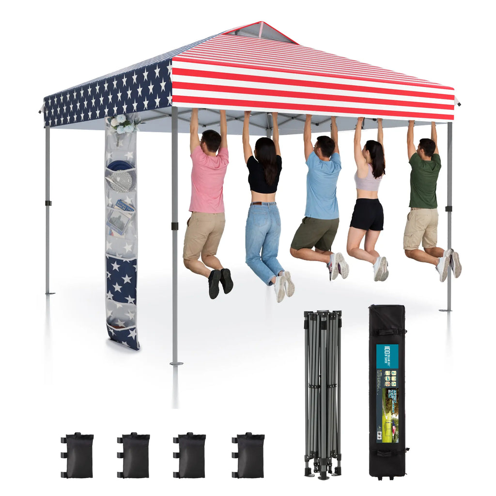 Pop-up canopy featuring a one-touch locking design, includes a wheeled carrying bag.