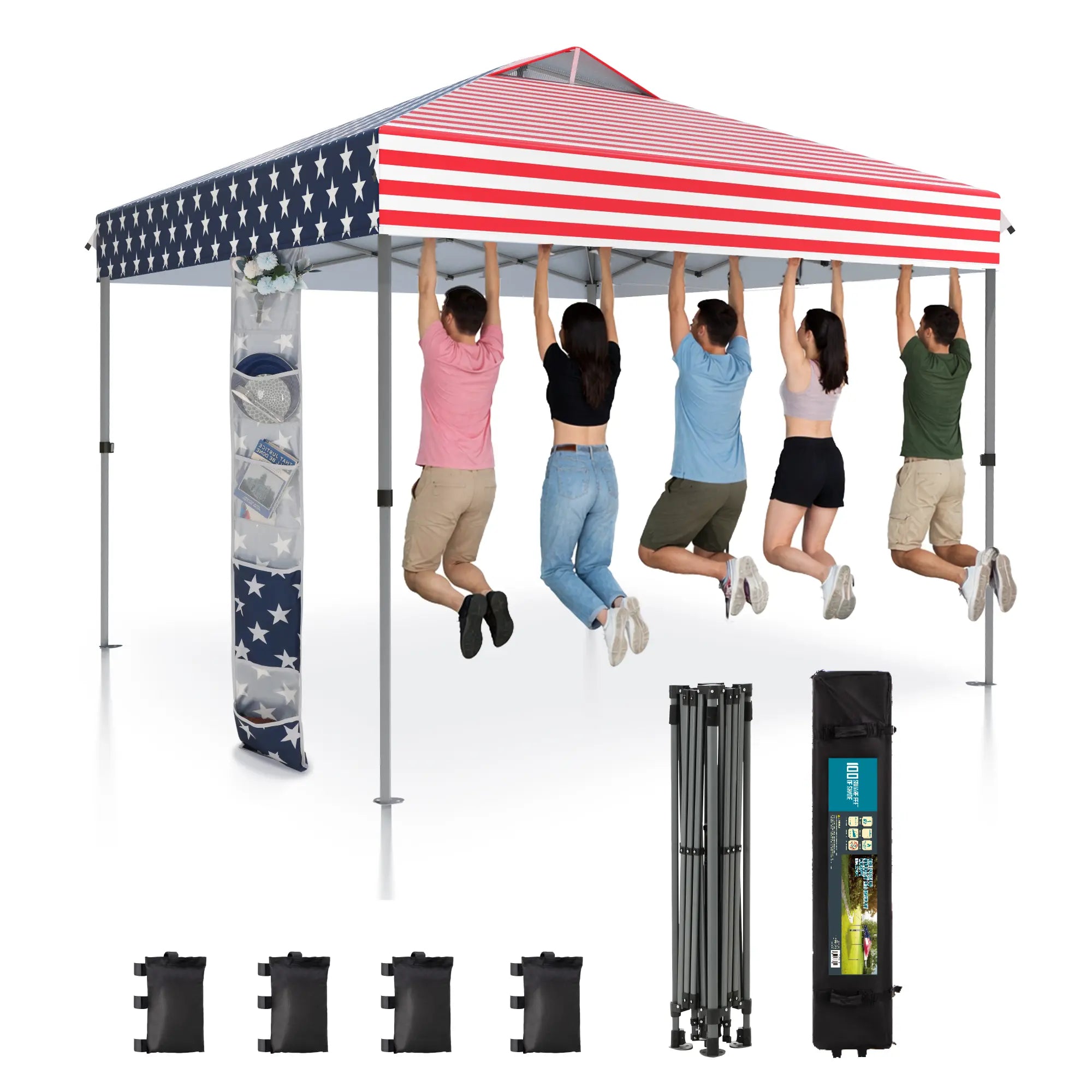 Pop-up canopy featuring a one-touch locking design, includes a wheeled carrying bag.