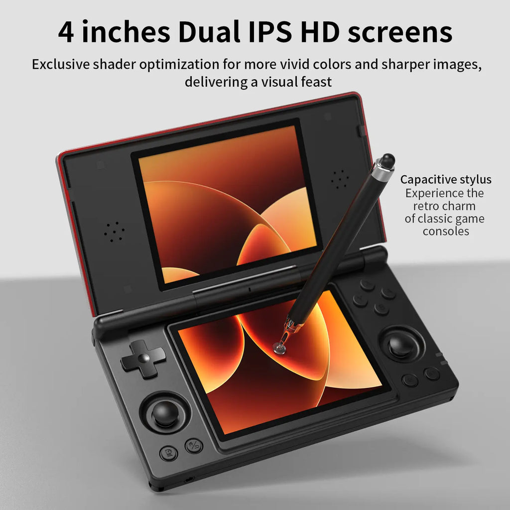 Handheld Gaming Console — 4-inch Dual IPS Displays, Powered by Android OS and a 4000mAh Battery. Retro Clamshell Design.