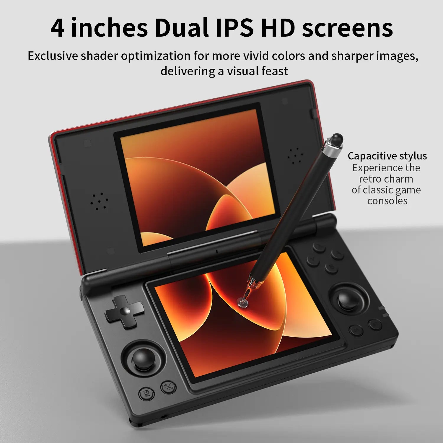 Handheld Gaming Console — 4-inch Dual IPS Displays, Powered by Android OS and a 4000mAh Battery. Retro Clamshell Design.