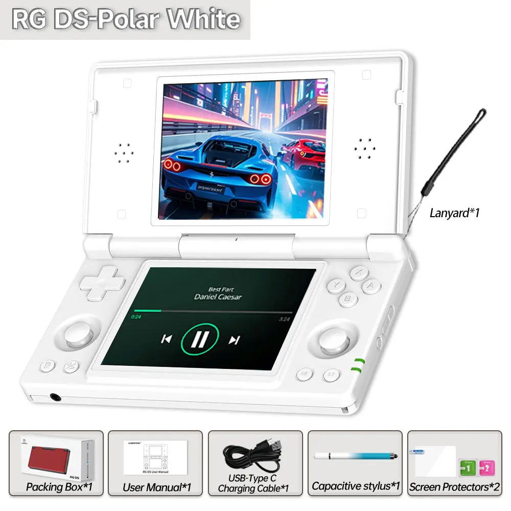Handheld Gaming Console — 4-inch Dual IPS Displays, Powered by Android OS and a 4000mAh Battery. Retro Clamshell Design.