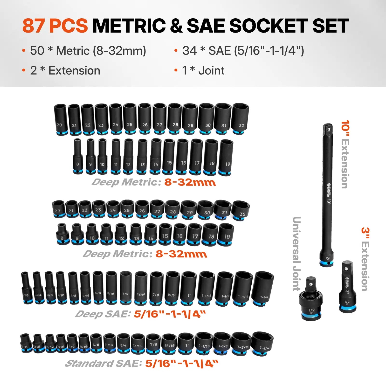 87-Piece 1/2" & 3/8" Chrome-Molybdenum Steel Impact Socket Set