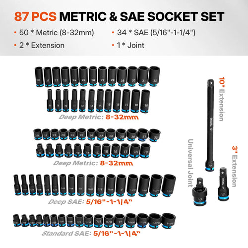 87-Piece 1/2" & 3/8" Chrome-Molybdenum Steel Impact Socket Set