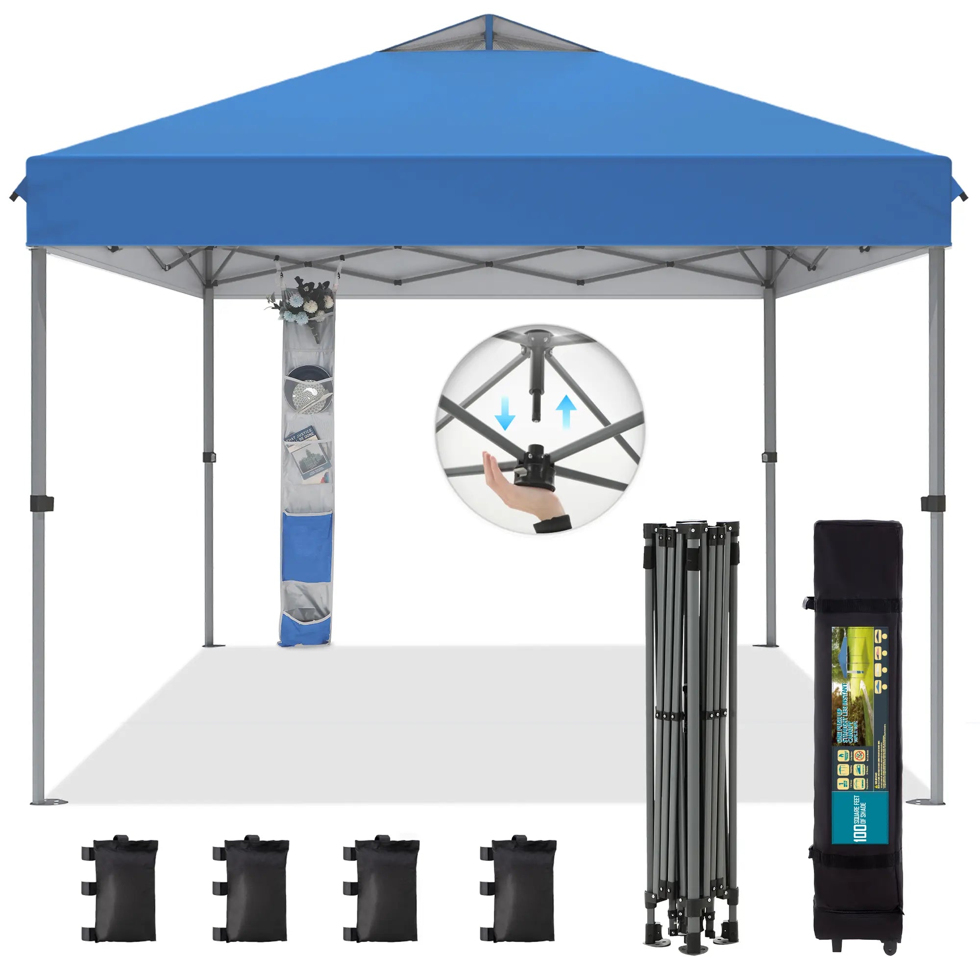 Pop-up canopy featuring a one-touch locking design, includes a wheeled carrying bag.