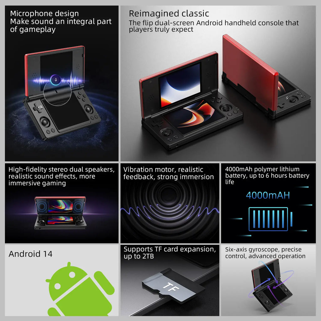 Handheld Gaming Console — 4-inch Dual IPS Displays, Powered by Android OS and a 4000mAh Battery. Retro Clamshell Design.
