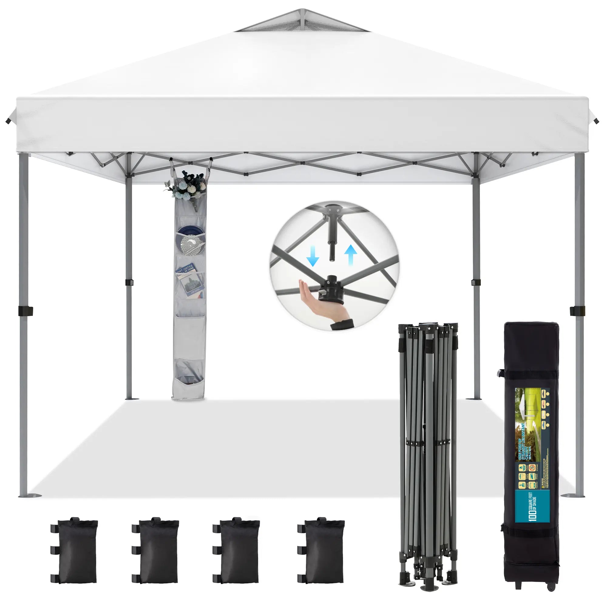 Pop-up canopy featuring a one-touch locking design, includes a wheeled carrying bag.