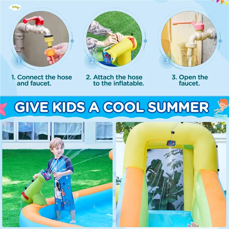 AIRLOOM™ 8-in-1 inflatable trampoline with a blower.