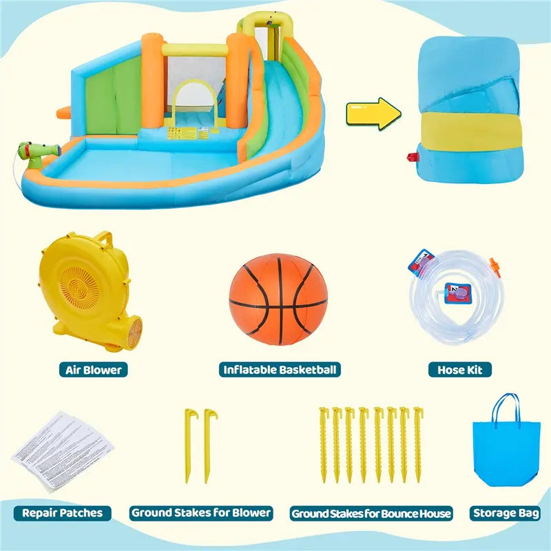 AIRLOOM™ 8-in-1 inflatable trampoline with a blower.