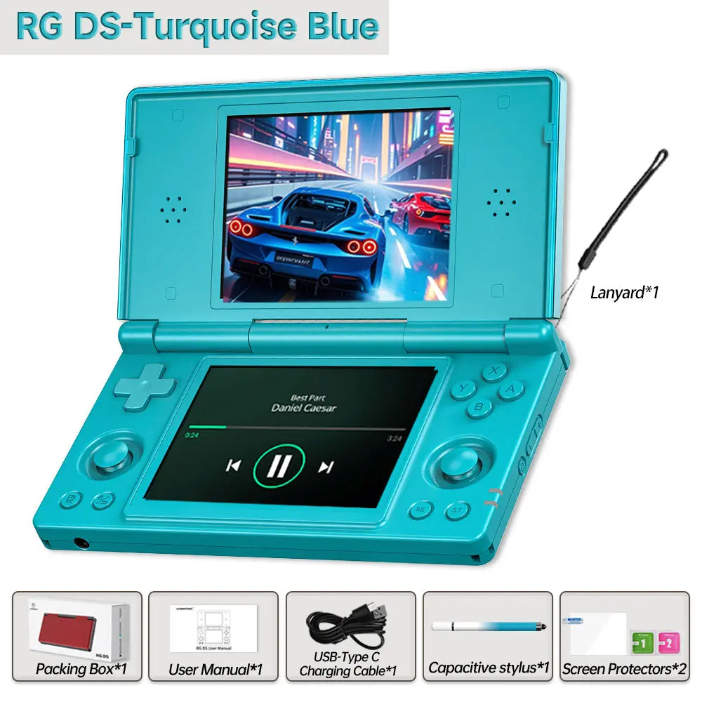 Handheld Gaming Console — 4-inch Dual IPS Displays, Powered by Android OS and a 4000mAh Battery. Retro Clamshell Design.