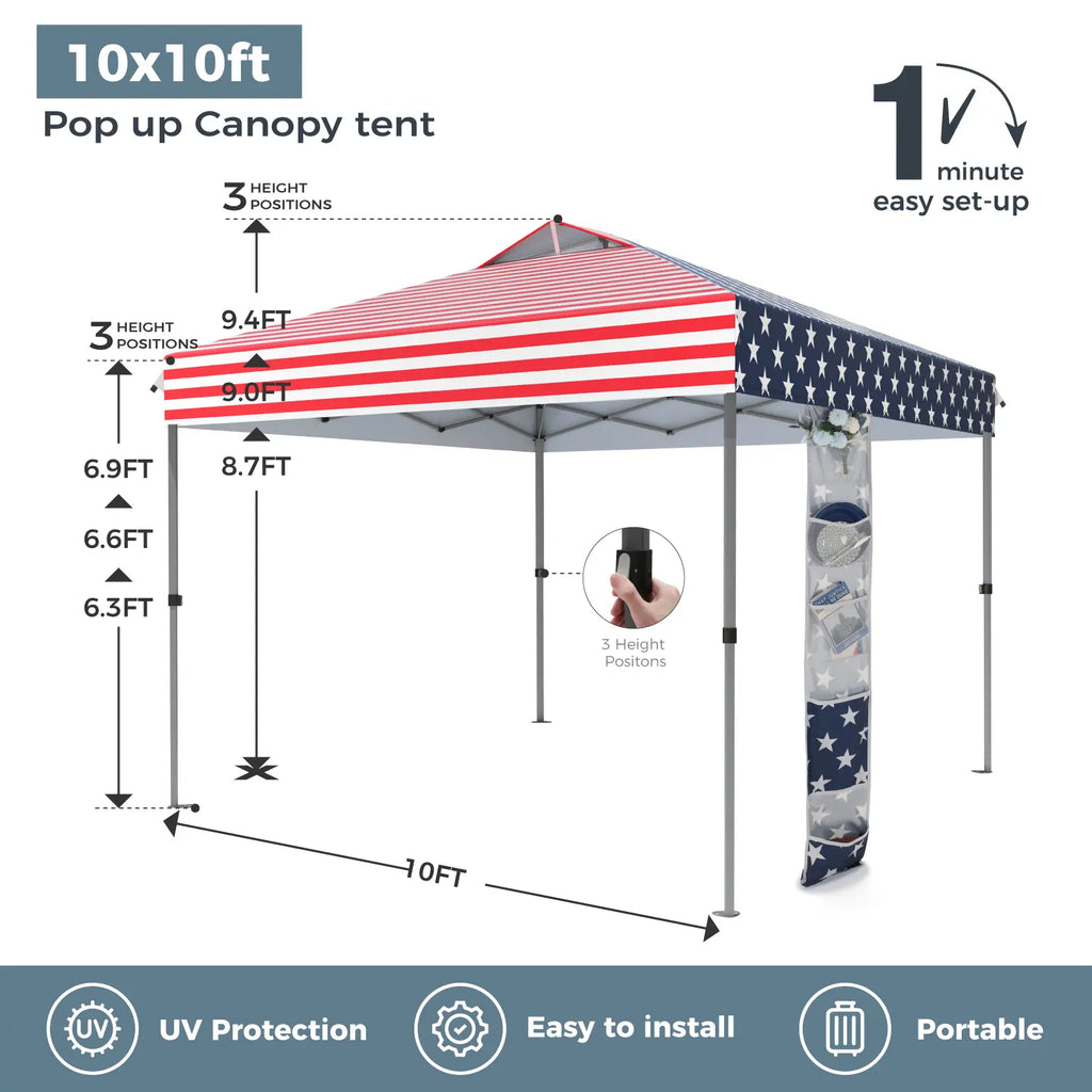 Pop-up canopy featuring a one-touch locking design, includes a wheeled carrying bag.