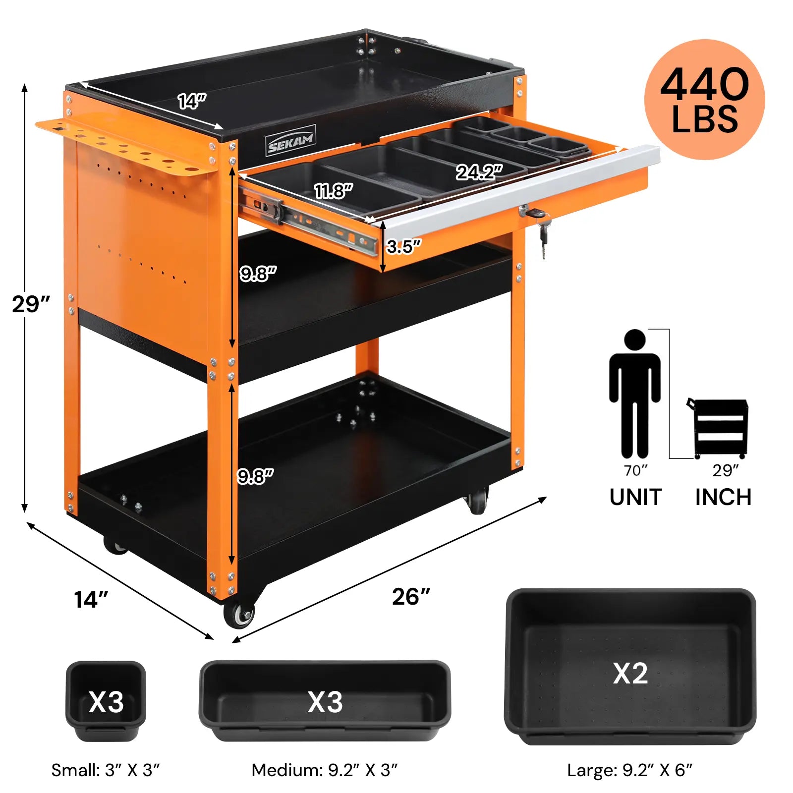 440-Pound Capacity 3-Tier Mobile Tool Cart