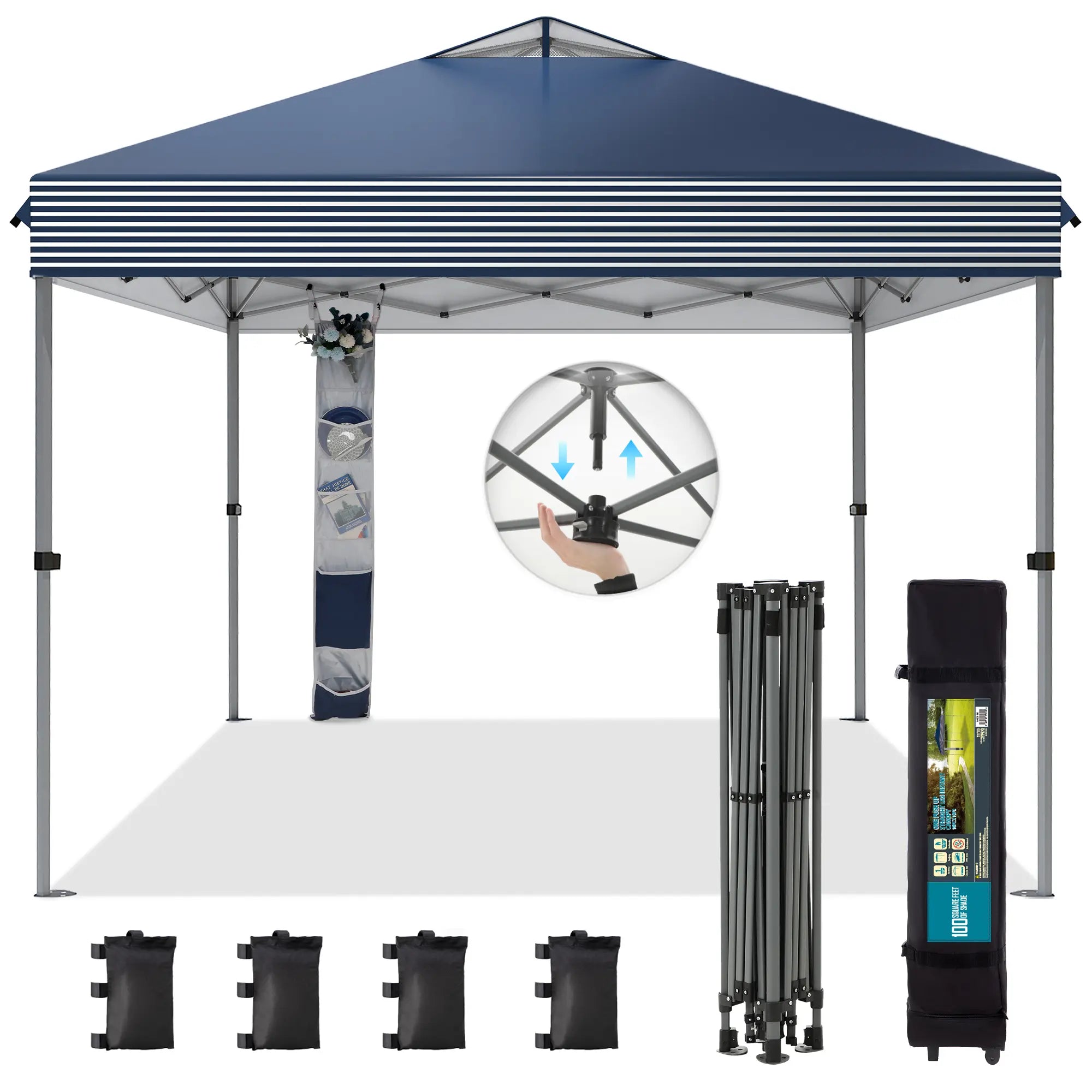 Pop-up canopy featuring a one-touch locking design, includes a wheeled carrying bag.