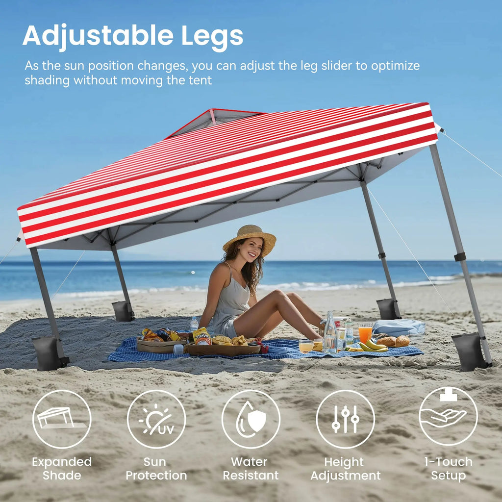 Pop-up canopy featuring a one-touch locking design, includes a wheeled carrying bag.