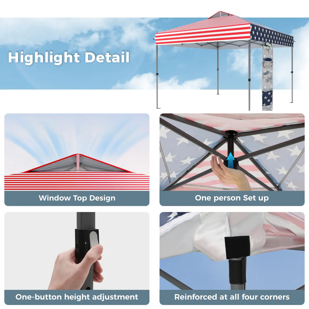 Pop-up canopy featuring a one-touch locking design, includes a wheeled carrying bag.