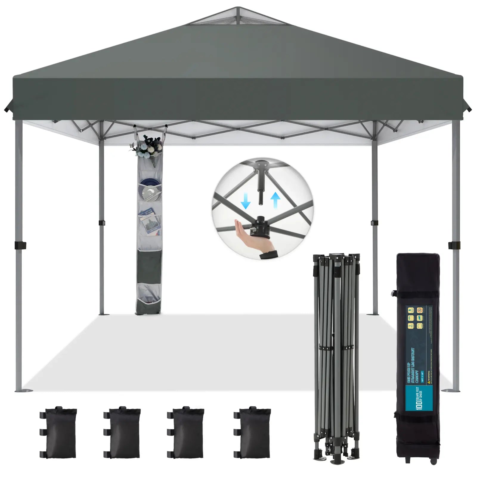 Pop-up canopy featuring a one-touch locking design, includes a wheeled carrying bag.