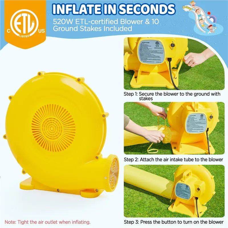 AIRLOOM™ 8-in-1 inflatable trampoline with a blower.