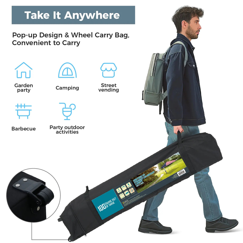 Pop-up canopy featuring a one-touch locking design, includes a wheeled carrying bag.