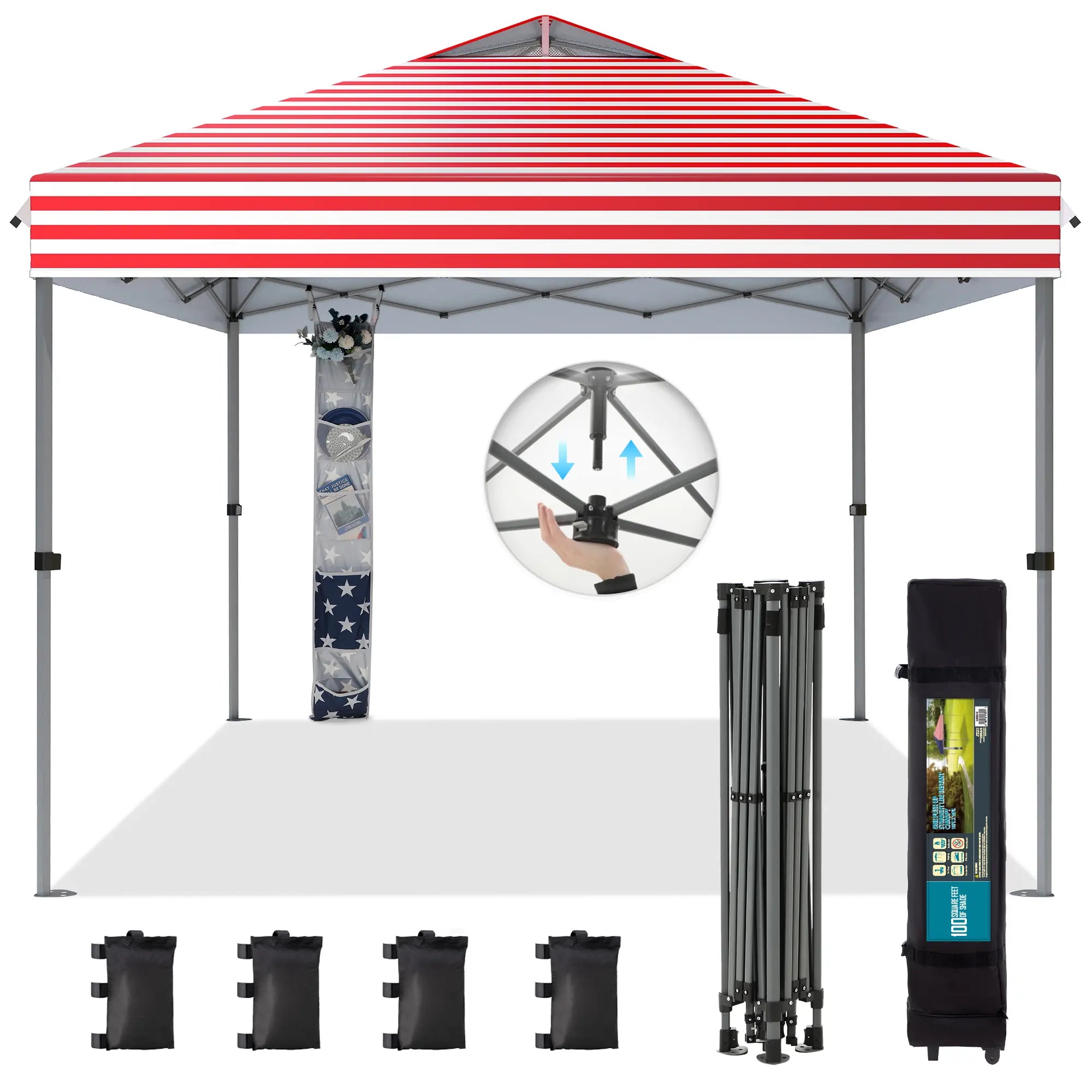 Pop-up canopy featuring a one-touch locking design, includes a wheeled carrying bag.