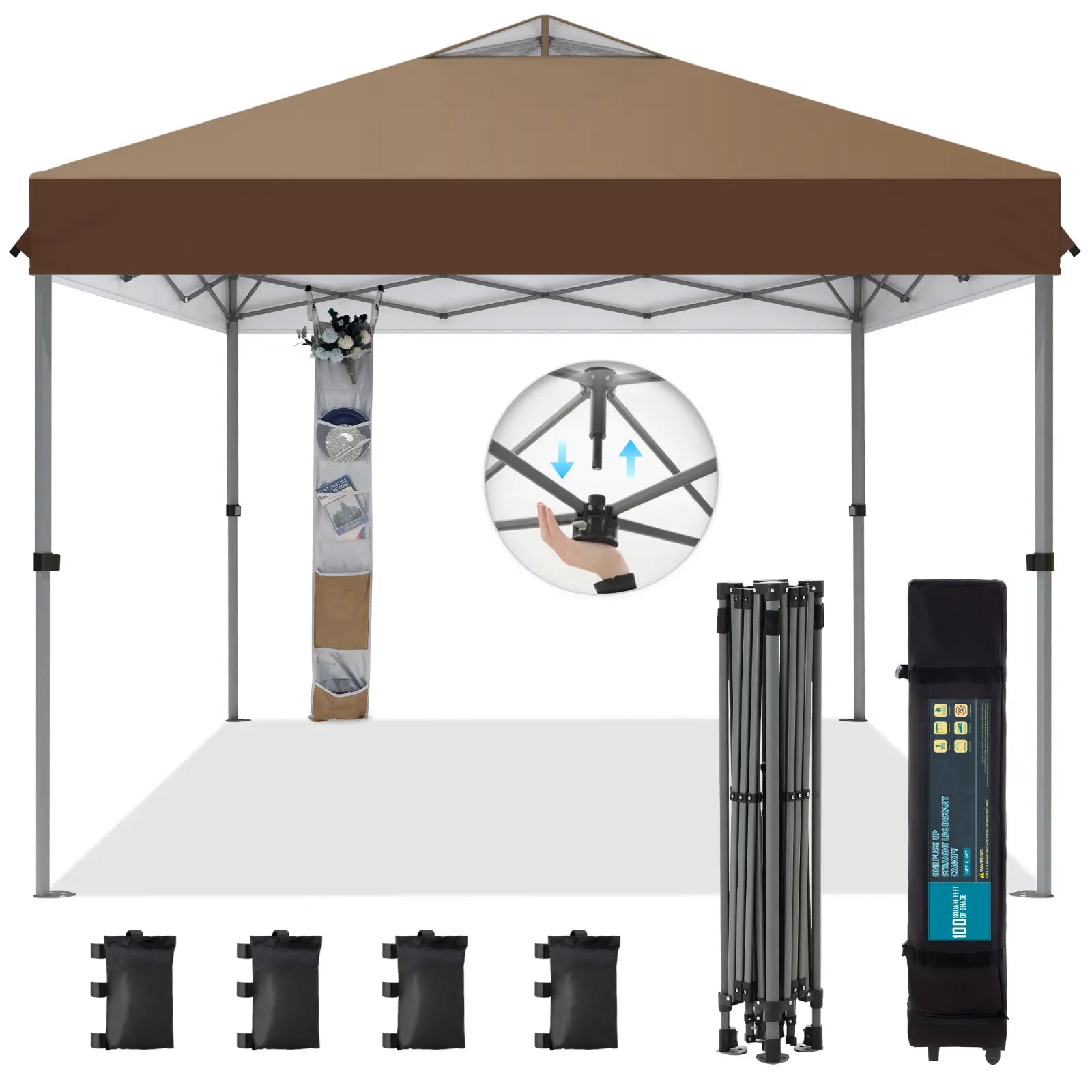 Pop-up canopy featuring a one-touch locking design, includes a wheeled carrying bag.