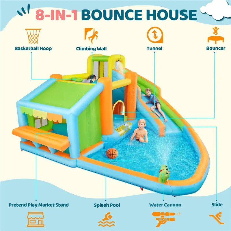 AIRLOOM™ 8-in-1 inflatable trampoline with a blower.