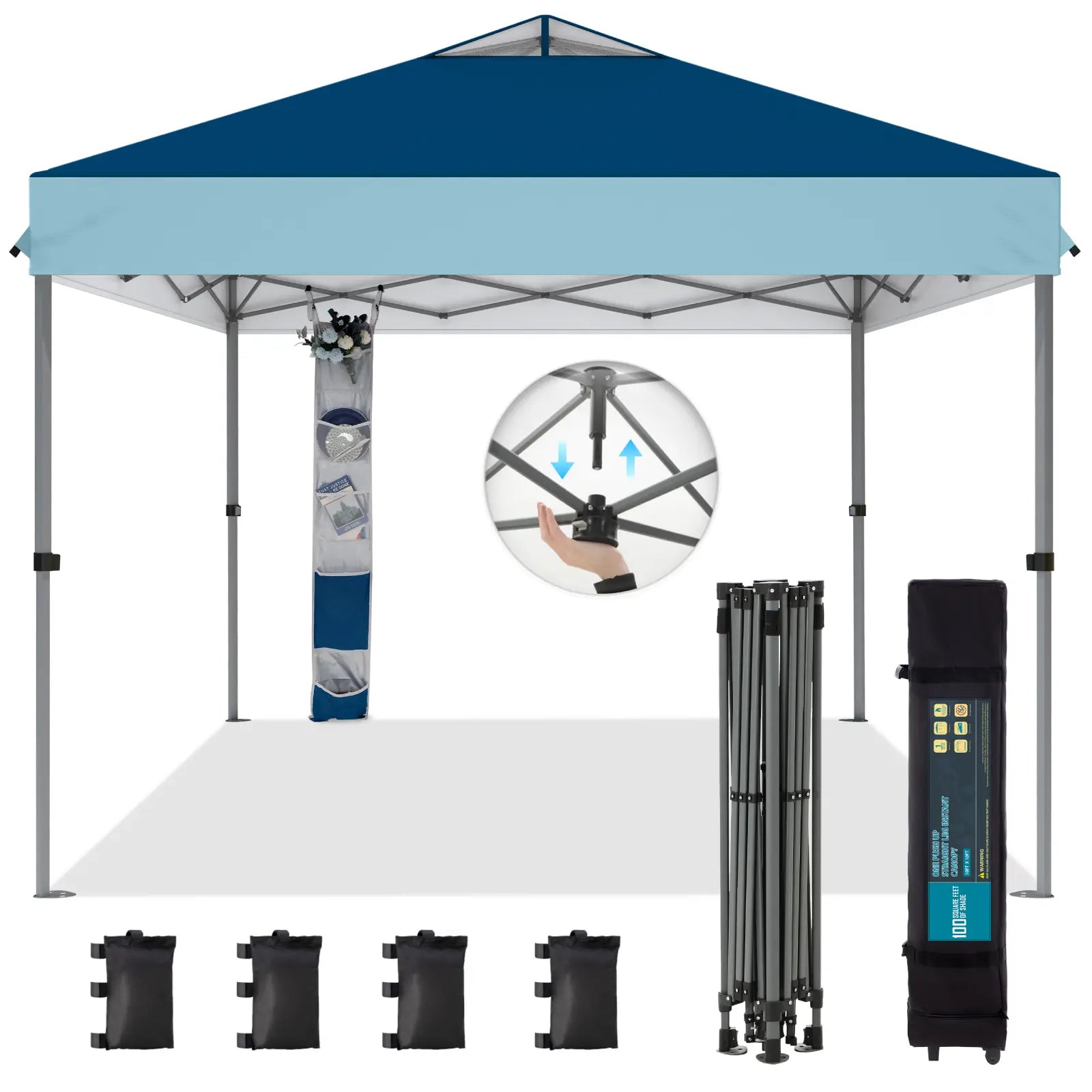 Pop-up canopy featuring a one-touch locking design, includes a wheeled carrying bag.
