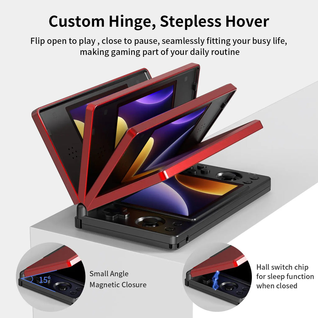 Handheld Gaming Console — 4-inch Dual IPS Displays, Powered by Android OS and a 4000mAh Battery. Retro Clamshell Design.
