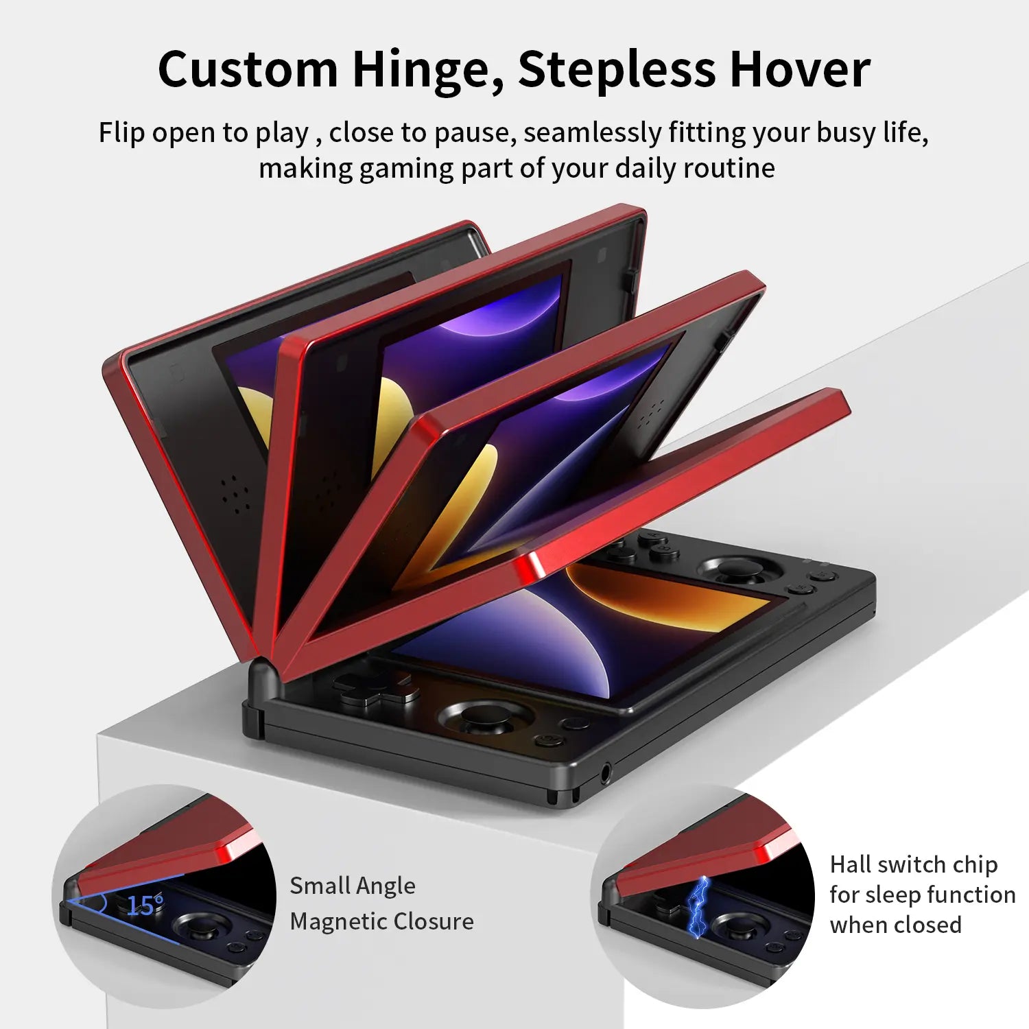 Handheld Gaming Console — 4-inch Dual IPS Displays, Powered by Android OS and a 4000mAh Battery. Retro Clamshell Design.